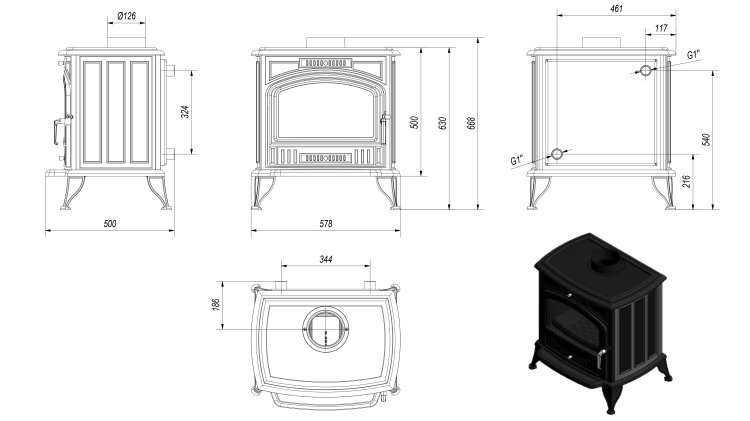 Modal Additional Images for Centralheating cast iron fireplace Elisabeth 8kW black